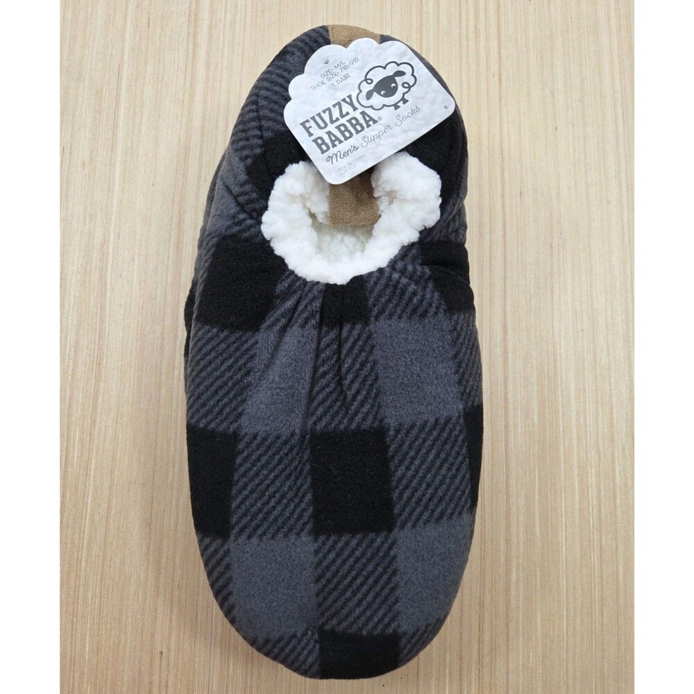 Men Fuzzy Babba Slipper Socks Size M/L Shoe Size 7.5-9.5 Gray Plaid